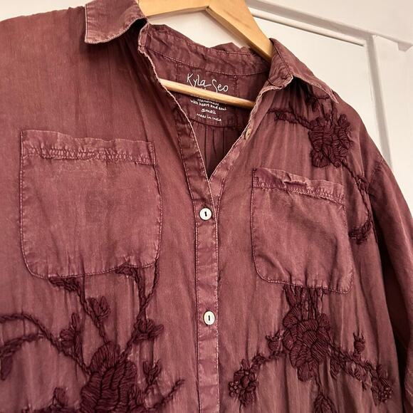 Kyla Seo Anthropologie Embroidered Shirt Dress Women’s Small Burgundy Bohemian - Picture 4 of 12
